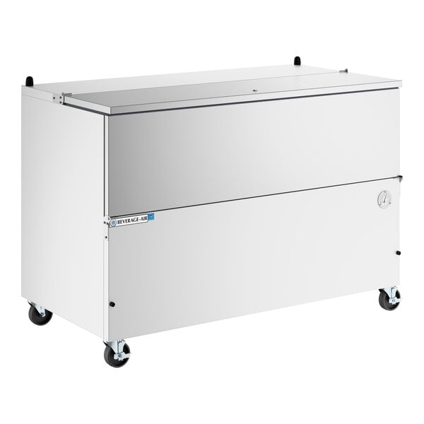 A white, 58-inch, one-sided cold wall milk cooler on wheels.