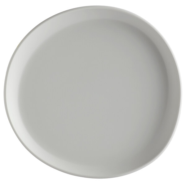 A light gray melamine coupe plate with an irregular round shape.