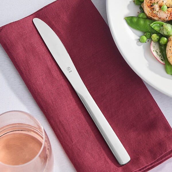 A Libbey Windsor Grandeur stainless steel dinner knife on a red napkin next to a plate of food.