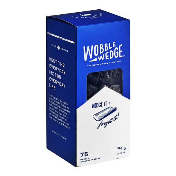A blue and white box of Wobble Wedges with black text and black objects on the label.