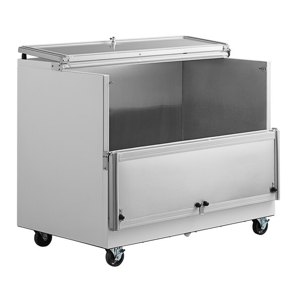 A white metal box with a sliding door.