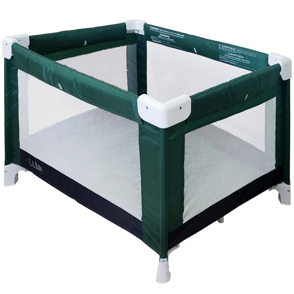 A green and white L.A. Baby playard.