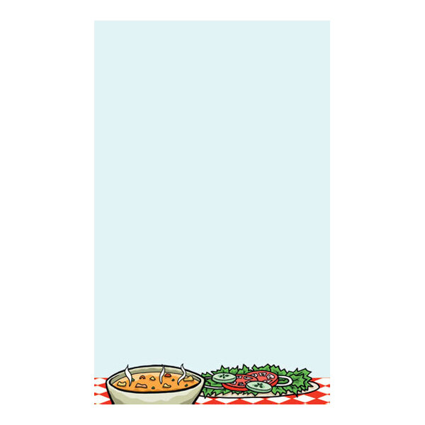 A cartoon-style illustration of a bowl of soup and a plate of salad on a red and white checkered tablecloth, with a large blank light blue space above.