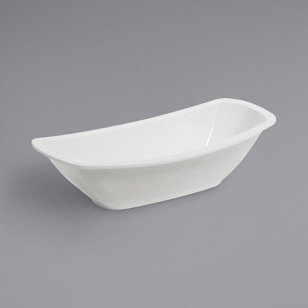A white oval GET Enterprises Acclaim melamine pasta bowl on a gray surface.