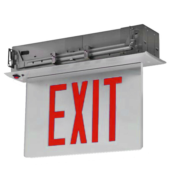 A white sign with red lettering that says "EXIT" on a white background.