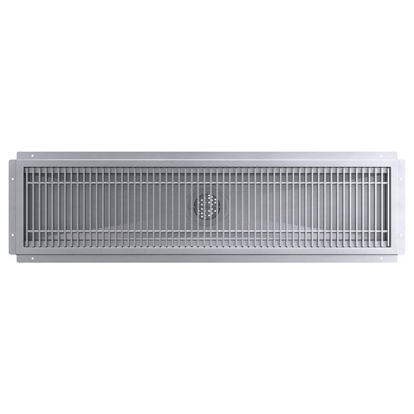 A metal grid with holes on a Regency stainless steel floor trough.