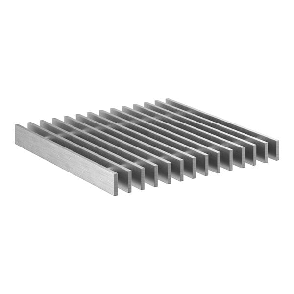 A stainless steel grate designed for 12-inch by 12-inch floor drains.