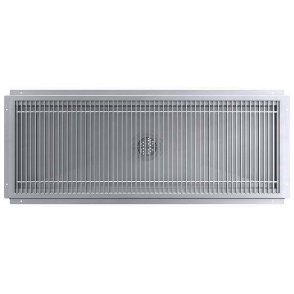 A Regency stainless steel floor trough grate with a rectangular grid pattern and a hole in the center.