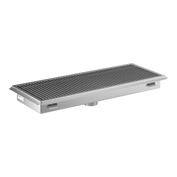 A rectangular 18 by 48 inch stainless steel floor trough with a grated cover.