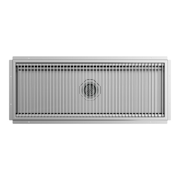 An 18 by 48 inch stainless steel floor trough with a grate cover.