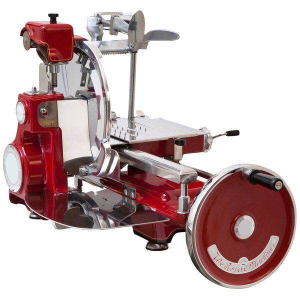 A red and silver Omcan manual meat slicer with a metal blade.