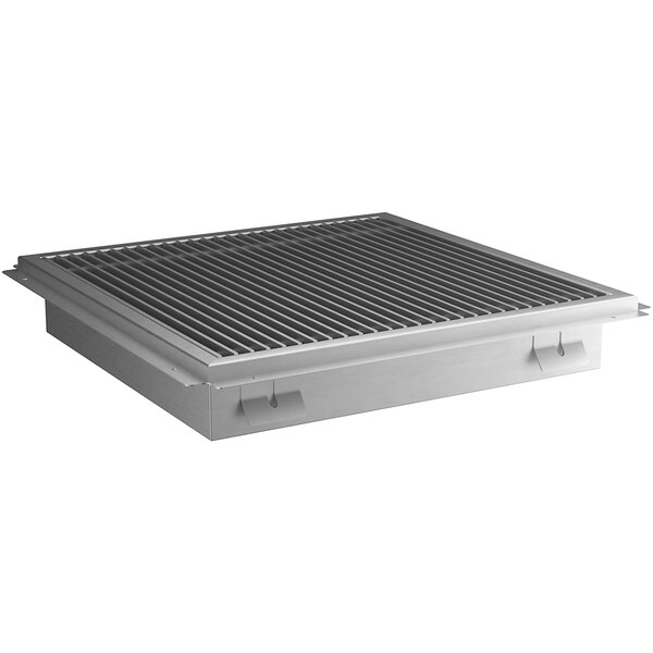 A Regency stainless steel floor trough grill with a metal grate.