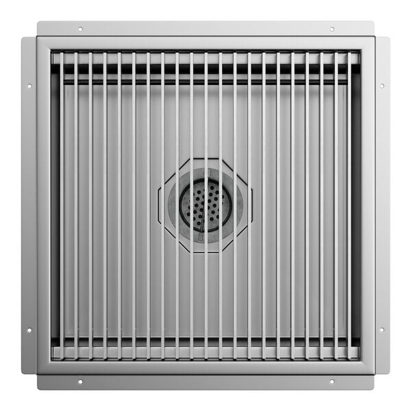 A square stainless steel floor trough with a grate and central drain.