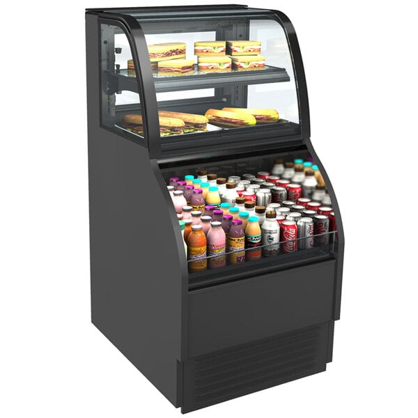 a display case with drinks and sandwiches