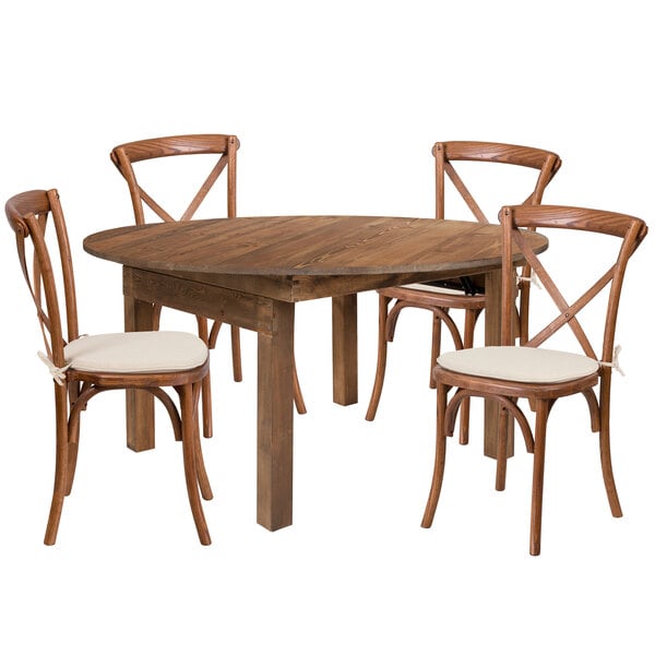 Flash Furniture Xa Farm 20 Gg Hercules 60 X 30 Antique Rustic Solid Pine Round Folding Farm Table With 4 Cross Back Chairs And Cushions