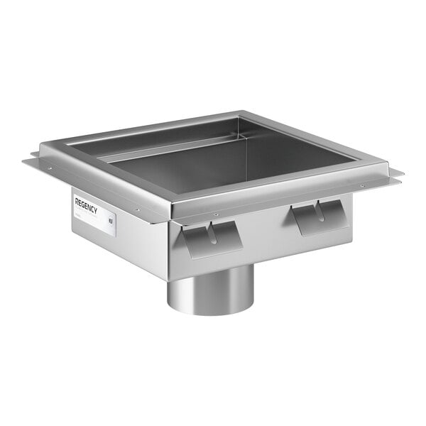 A square 12-inch by 12-inch stainless steel floor sink with a central drain outlet.