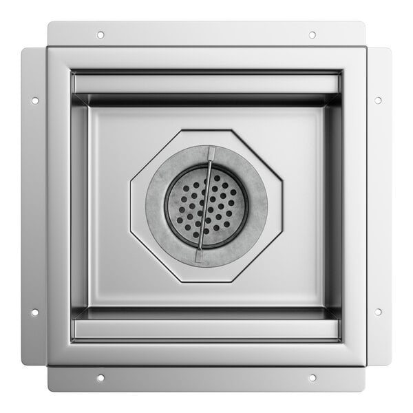 A 12-inch by 12-inch 14-gauge stainless steel floor sink.