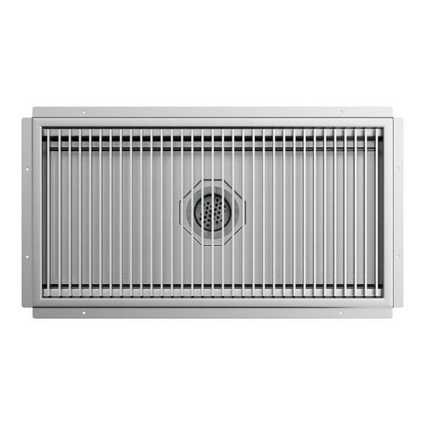 A rectangular stainless steel floor trough with a grate cover and central drain.