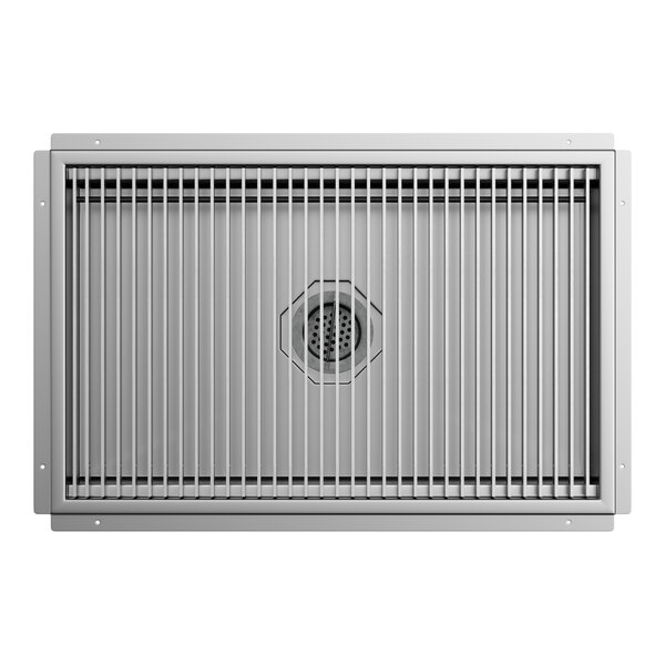 A rectangular stainless steel floor trough with a grate and central drain.