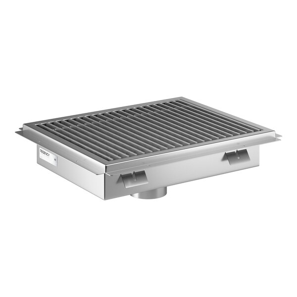 An 18 by 24 inch stainless steel floor trough with a grate cover.