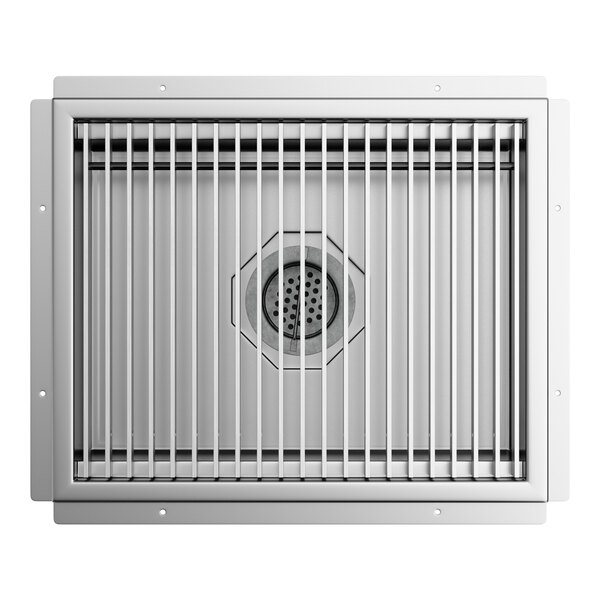 A rectangular stainless steel floor trough with a grate cover and central drain.