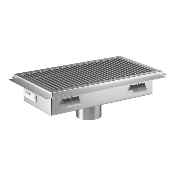 A rectangular stainless steel floor trough with a grated top and central drain outlet.