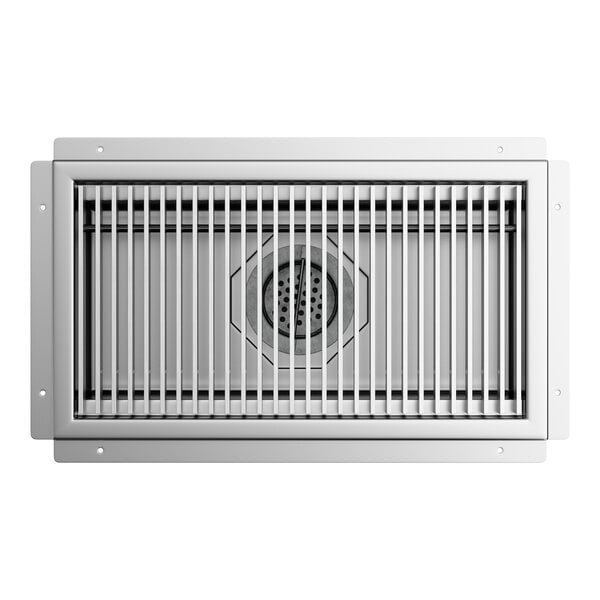A rectangular 12 by 24 inch stainless steel floor trough with a grate cover.