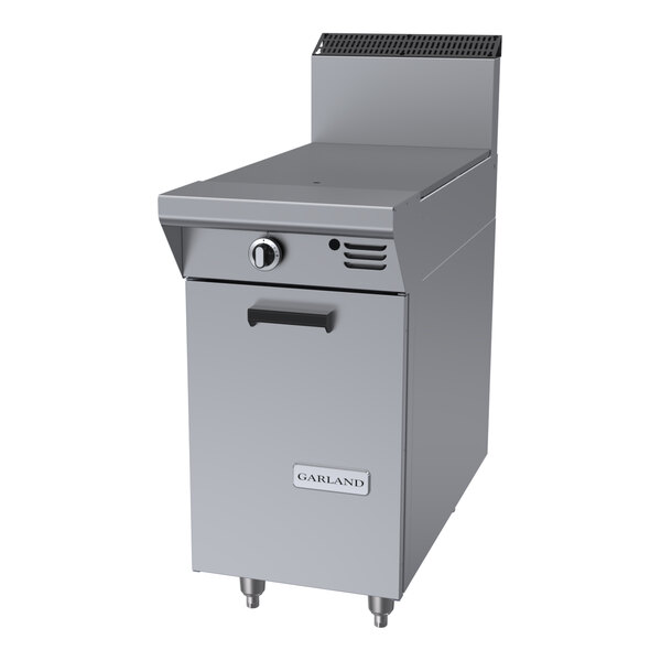 A stainless steel Garland Master Sentry Series liquid propane hot top range attachment with a storage base.