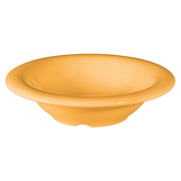 A close up of a yellow bowl with a yellow rim.