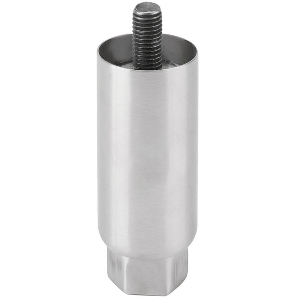 A silver metal cylinder with a black screw on top.