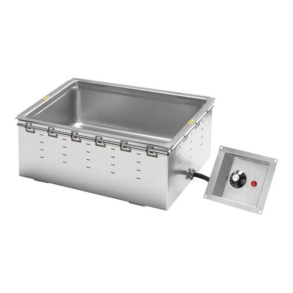 A rectangular stainless steel food well with a separate control panel connected by a cable.