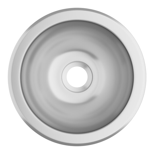 A white circular Vollrath sink bowl with a hole in the center.