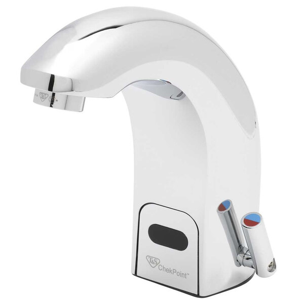 A close-up of a T&S chrome deck mounted hands-free sensor faucet with a rigid cast spout.