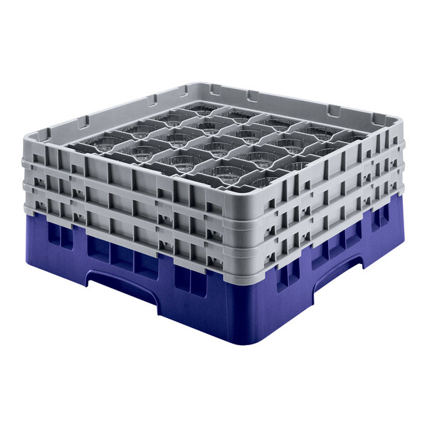 A navy blue plastic Cambro glass rack with extenders.