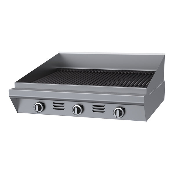 A stainless steel liquid propane charbroiler with three control knobs and a 34-inch cooking surface.