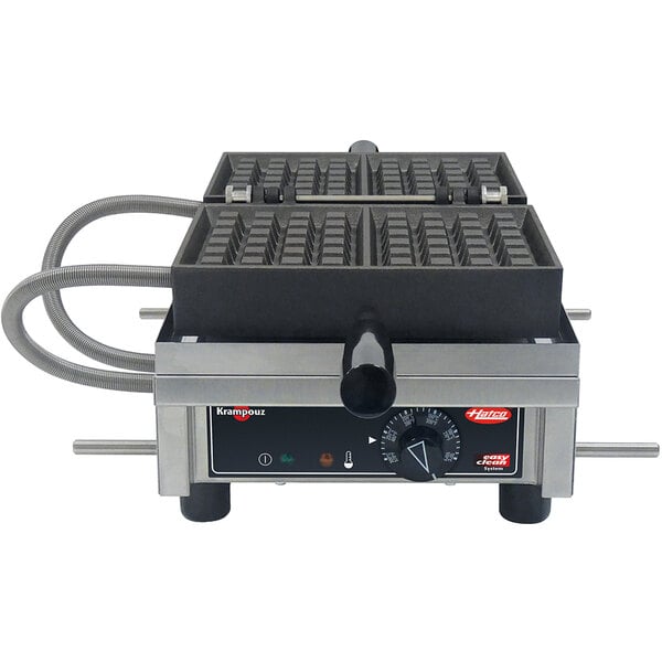 A Hatco Krampouz Brussels style Belgian waffle maker with a handle and a dial.