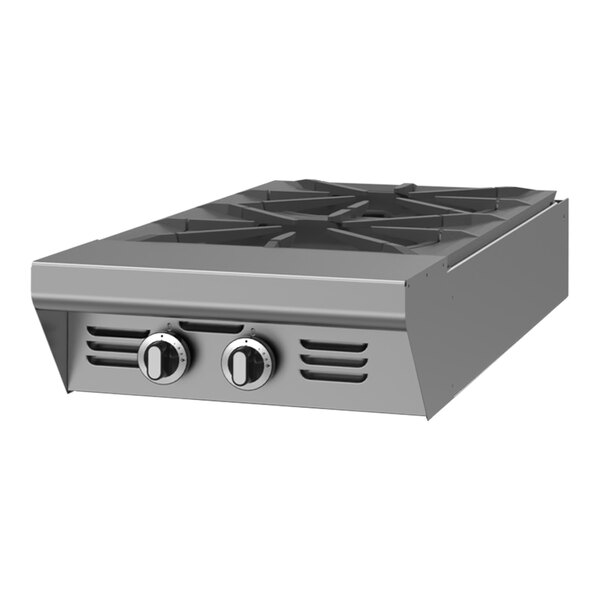 A stainless steel two-burner liquid propane range attachment with control knobs on the front.