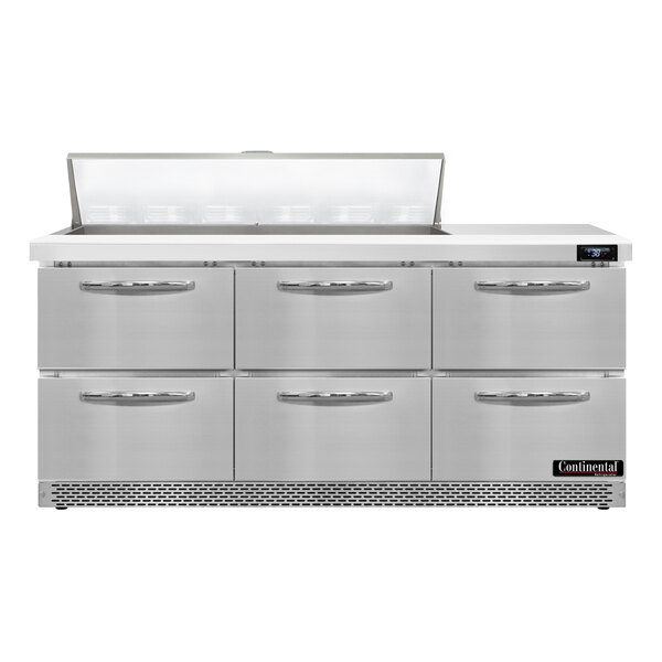 A stainless steel Continental Refrigerator with six drawers.