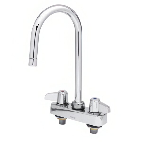 A chrome Equip by T&S deck-mounted workboard faucet with two lever handles and a gooseneck spout.