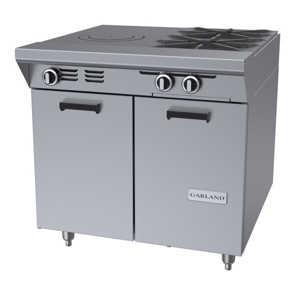 A stainless steel commercial range with two burners, a front-fired hot top, and a storage base, designed for liquid propane use.
