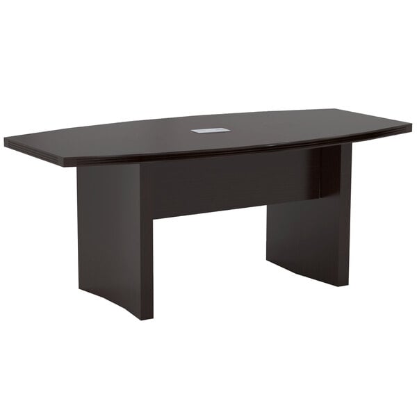 A Safco Aberdeen mocha rectangular conference table with a black base.