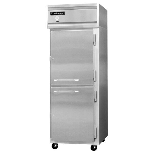 The half door of a Continental Refrigerator reach-in refrigerator.