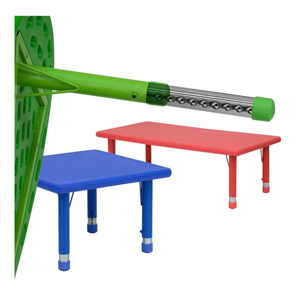 A blue square Flash Furniture activity table with adjustable legs.