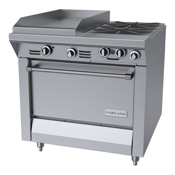 A commercial stainless steel range with two burners, a 17-inch griddle, and a standard oven.