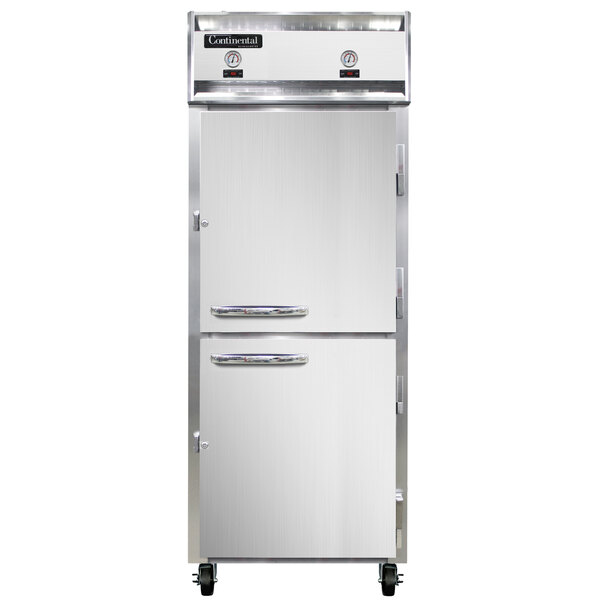 A stainless steel Continental Refrigerator with white doors and silver handles.