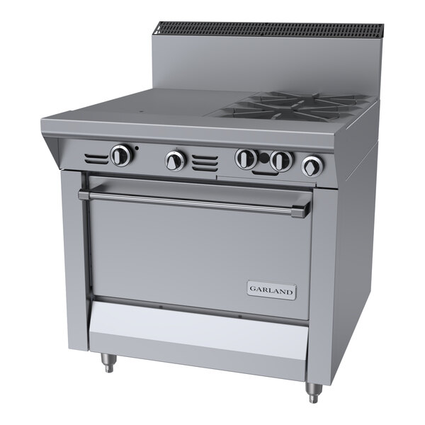 A commercial stainless steel range with two burners, a 17-inch hot top, and a standard oven.