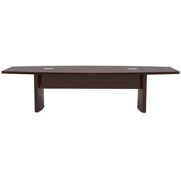 A Safco Aberdeen mocha rectangular conference table with a black base.