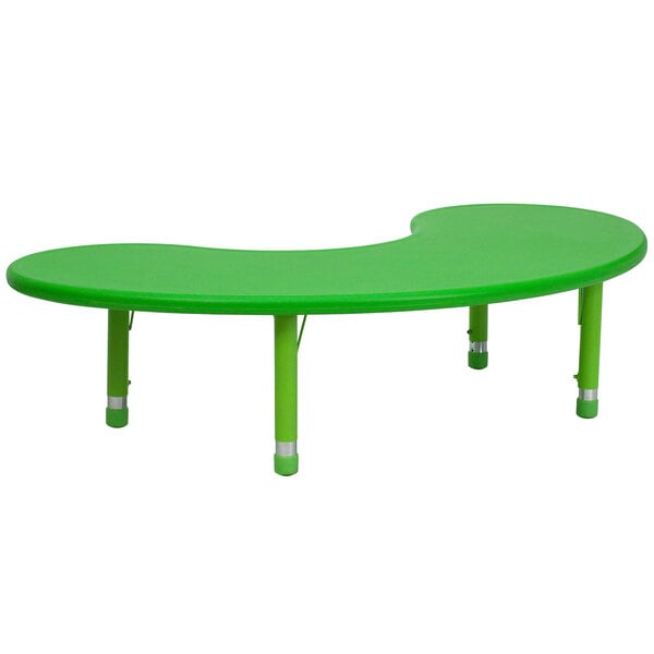 A green plastic Flash Furniture half-moon table with legs.
