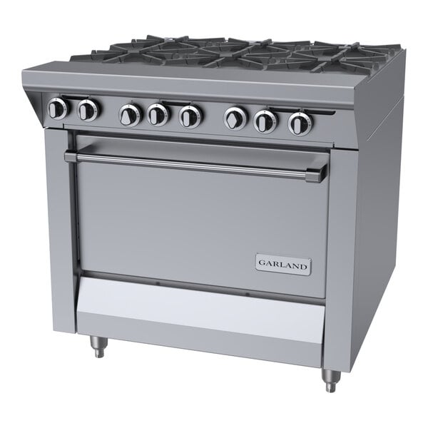 A stainless steel commercial 6-burner liquid propane range with a standard oven.