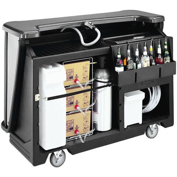 A black Cambro portable bar with bottles on it.